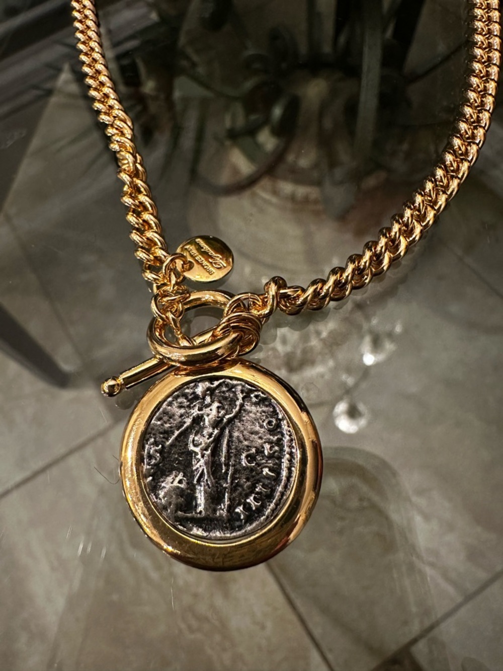 Mia Fiore Gold Chain Necklace Sterling Silver Plated Bronze Coin Pendant Italy - Picture 3 of 14